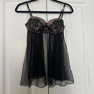 Victoria's Secret Y2K Babydoll Gown Medium Black Sheer Mesh Lace 34C Nightie